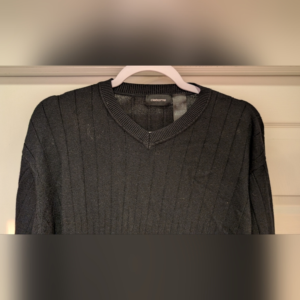 Claiborne Mens Black Long Sleeve Ribbed V-Neck Sweater Rayon Nylon Blend Size XL - Picture 7 of 14